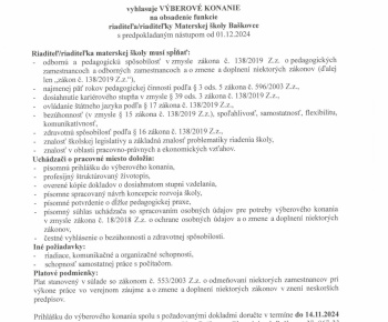 Aktuality / Vyhlásenie výberovaného konania na obsadenie funkcie riaditeľ/riaditeľka Materskej školy Baškovce - foto